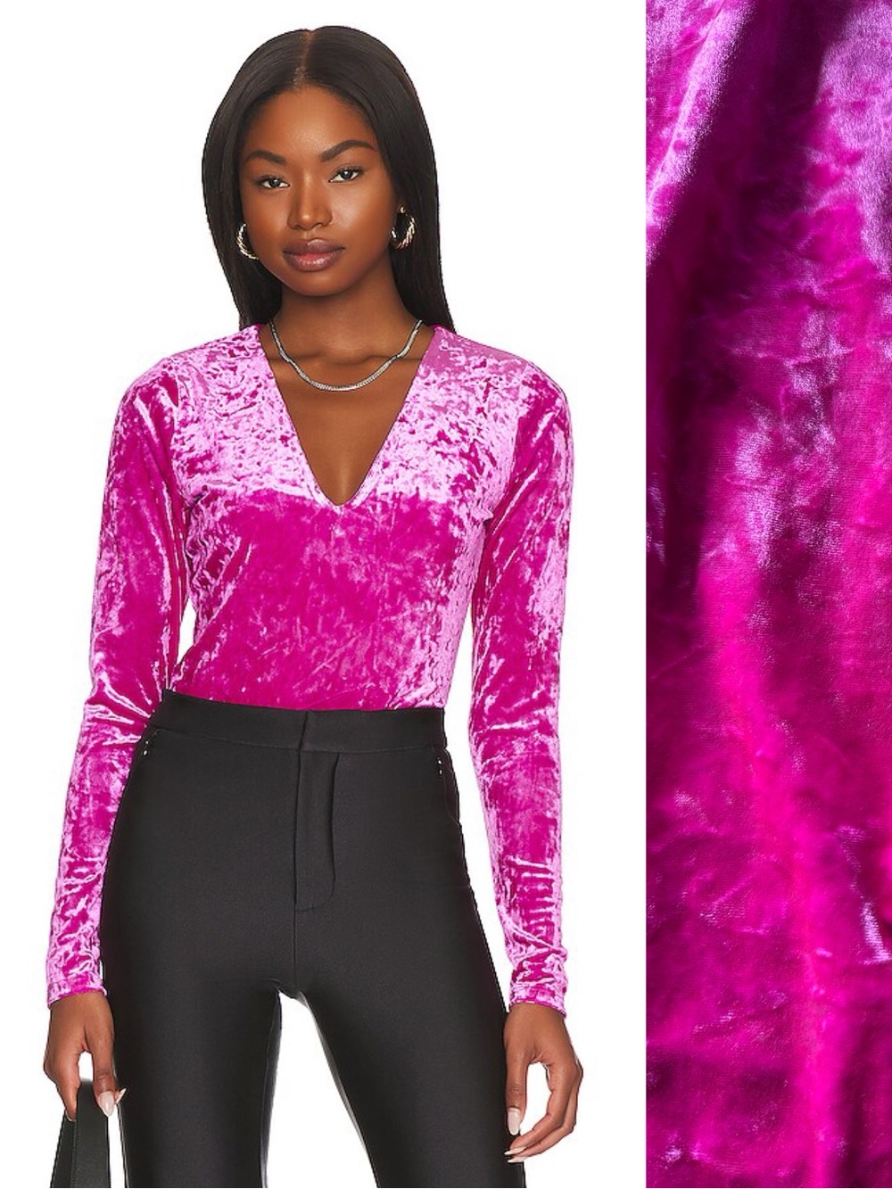 Good American Pink Crushed Velvet V Neck Long Sleeve Thong Bodysuit